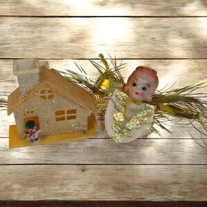 Vintage Mid Century Plastic Glitter House Light Cover & Angel Ornament Set